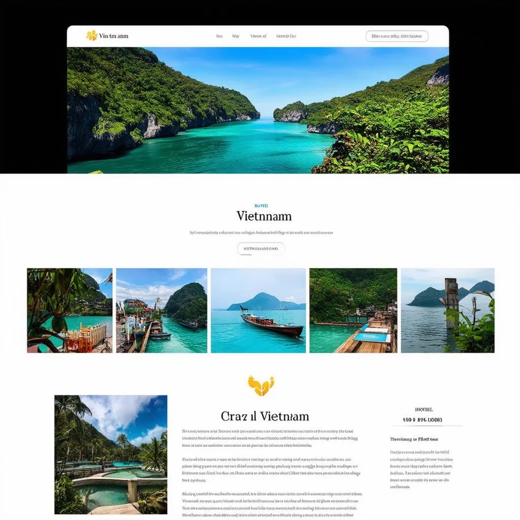 modern, visually appealing travel website homepage design, showcasing beautiful destinations in Vietnam, user-friendly interface, flight and hotel booking options, travel blog section